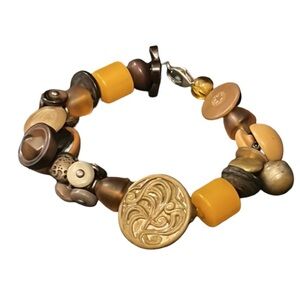 Vintage Art Deco Mixed Amber Bakelite Beads & Antique Gold Buttons Bracelet